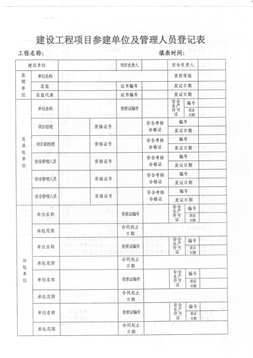 建設(shè)工程項(xiàng)目參建單位及管理人員登記表